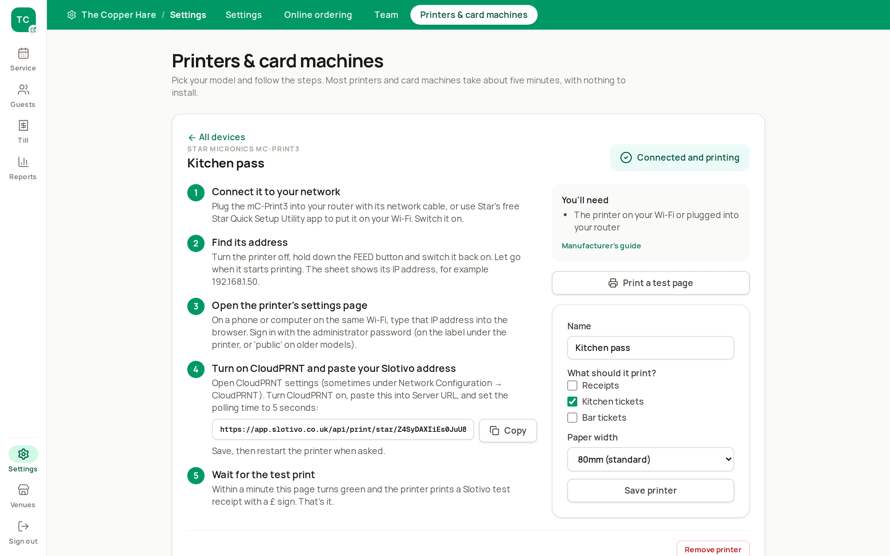 Printer and card machine setup: Settings → Printers & card machines: a printer model chosen, with its setup steps and a green Connected badge.