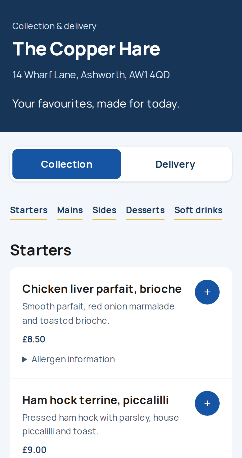 Takeaway ordering page: /order/your-venue on a phone: collection or delivery and the menu by category.